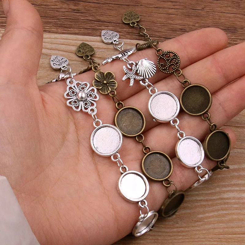 1Pcs 2 Color 15 Styles Metal Zinc Alloy 12mm Round Bracelet Cabochon Setting Flower Moon Connector Jewelry Findings DIY Made