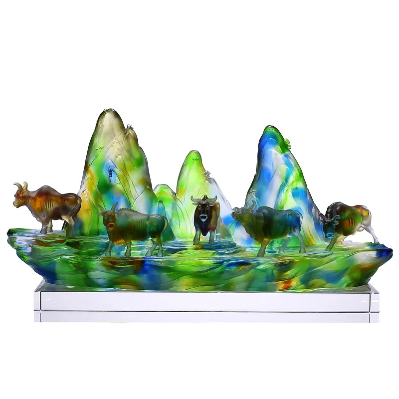 Antique style glass handmade five ox wealth attracting ornament gift box set, suitable for home living room foyer decoration