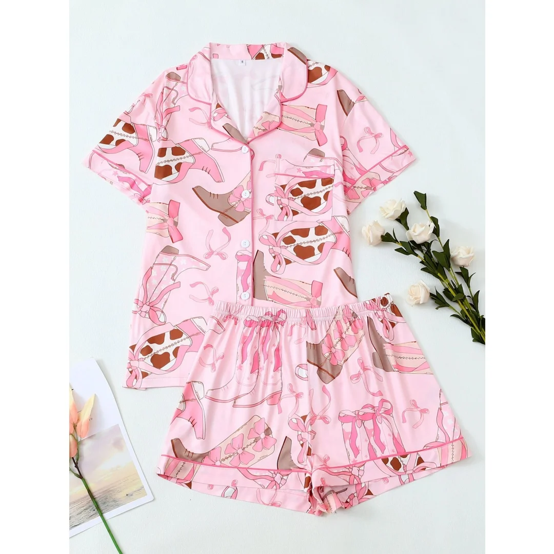 

Pink Women's Pajamas Set Cowboy Boots Theme Printed Pajamas with Lapels Short Sleeves and Shorts Pants Summer East Gifts