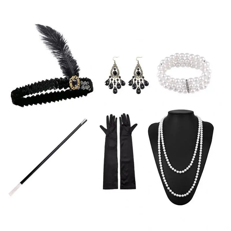 1920s Flapper Accessories For Women Vintage Party Headband Gloves Necklace Set Cocktail Party Costume Props