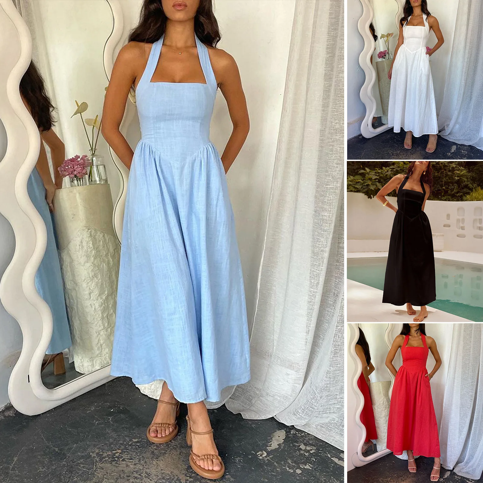 2025 Spring Summer Casual Vacation Solid Color High Waist Sleeveless Hanging Neck Dresses for Women Dress Women Female Clothing