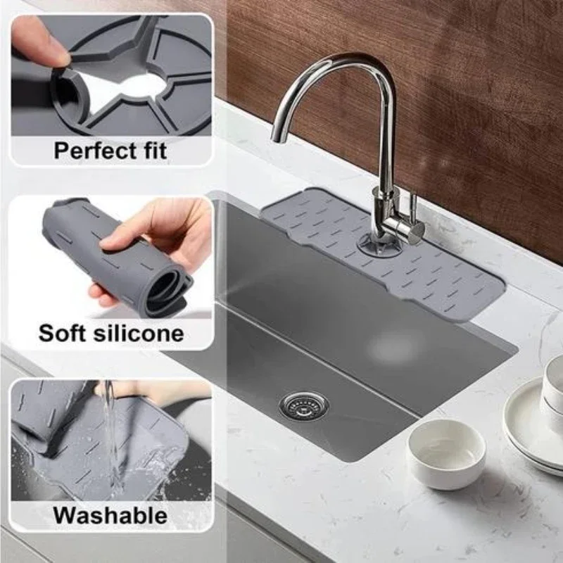 Silicone Kitchen Faucet Mat for Sink Sponge Drain Rack Foldable Sink Mat Faucet Splash Catcher Bathroom Countertop Protector Mat