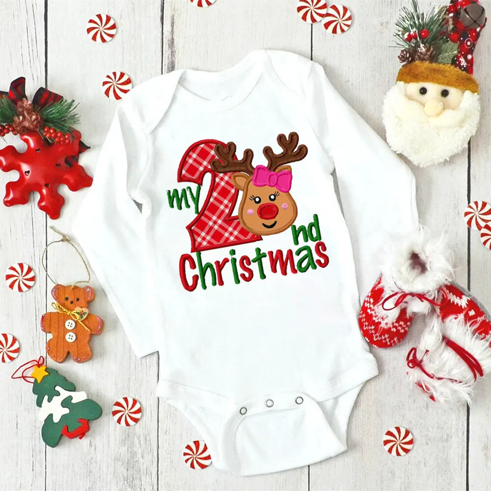 Mein Zweites Weihnachten Neugeborenes Baby Langarm Strampler Cartoon Hirsch Santa Print Outfits Säugling Taufe Bodys Kleidung Weihnachtsgeschenke