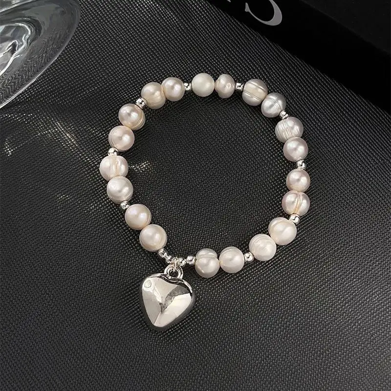 ALLNEWME Wonderful Baroque Freshwater Pearl for Women Silver Plating Copper Heart Ball Beads Strand Bracelets Every Day Jewelry