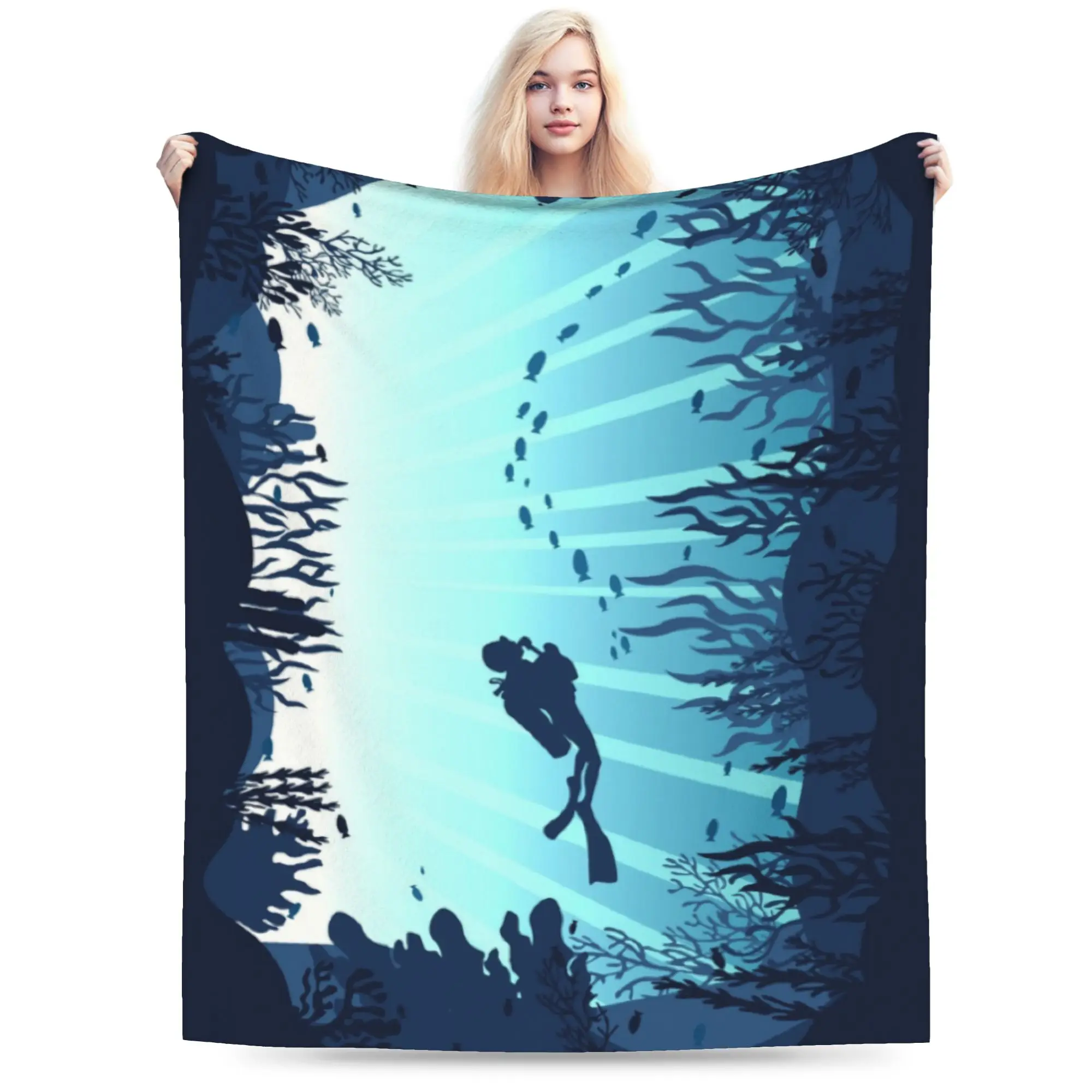 Custom Deep Sea Caveran Diver Blanket 3D Print Soft Flannel Fleece Warm Dive Explore for Home Bed Couch Bedspreads