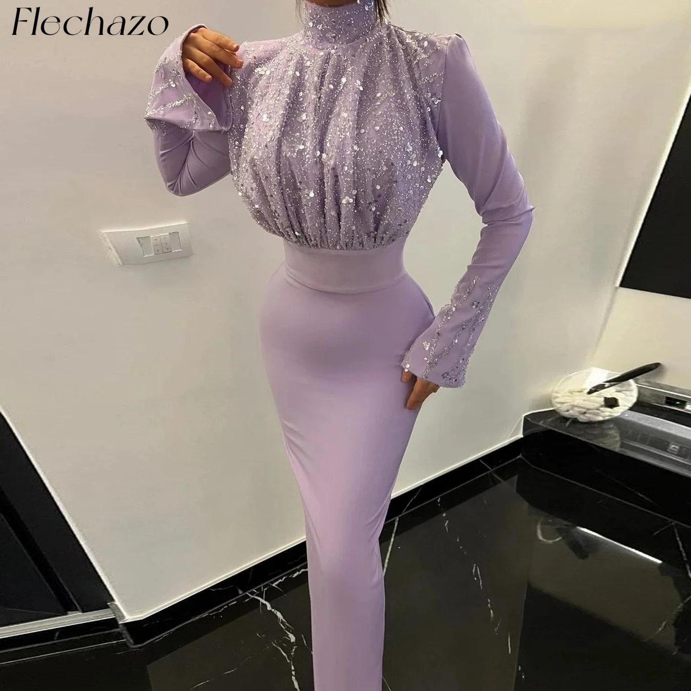 

Flechazo Light Purple Evening Dresses High Neck Sequin Beading Sheath Wedding Party Dress For Women 2024 فساتين السهرة