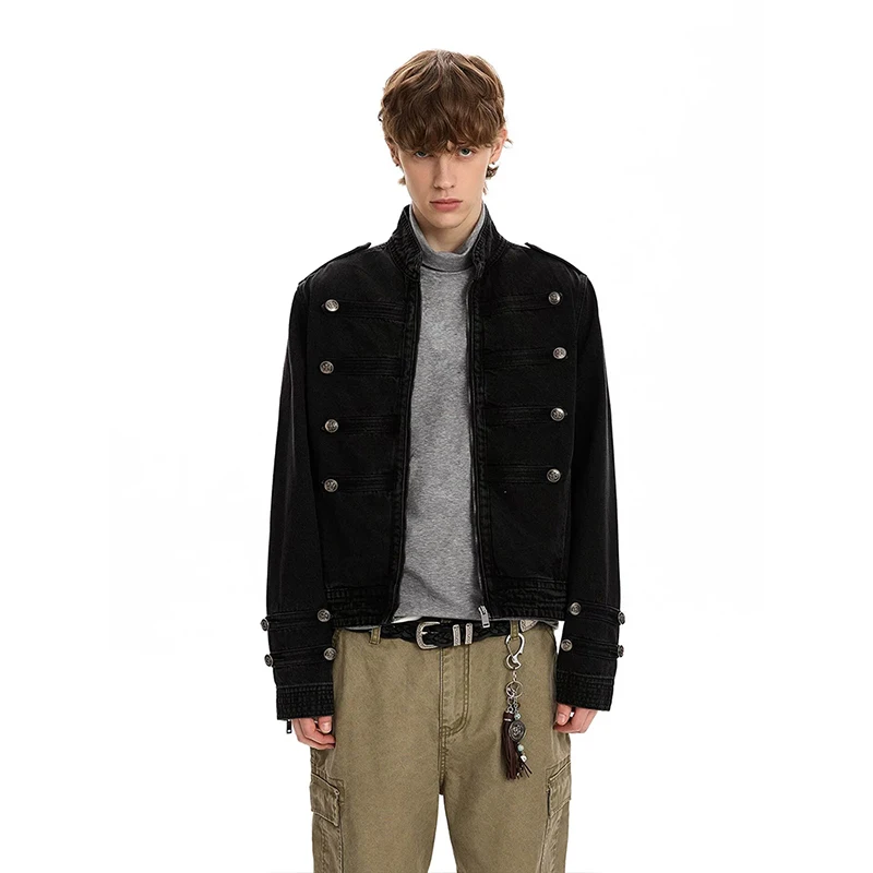 Men Black Solid Color Zipper Stand Collar Long Sleeve Casual Simple Basic Daily Denim Jackets 2026 New Fashion Vintage Coats