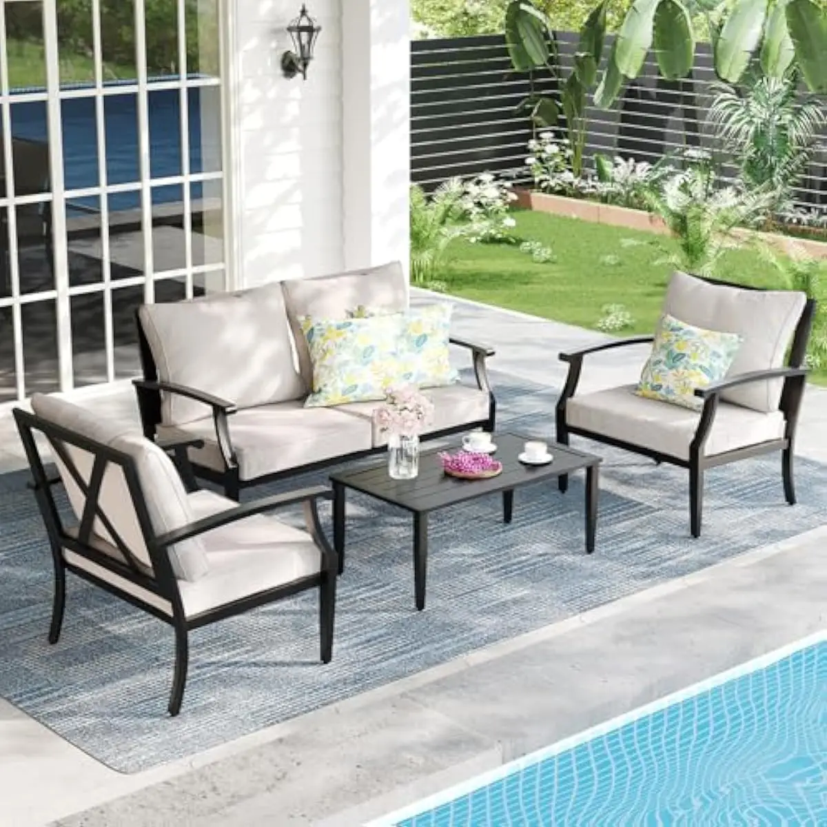 4-Piece Modern Outdoor Seating Ensemble Featuring Elevated Back Support Wide Armless Sofas Thick Resilient Cushions Rustproof Me