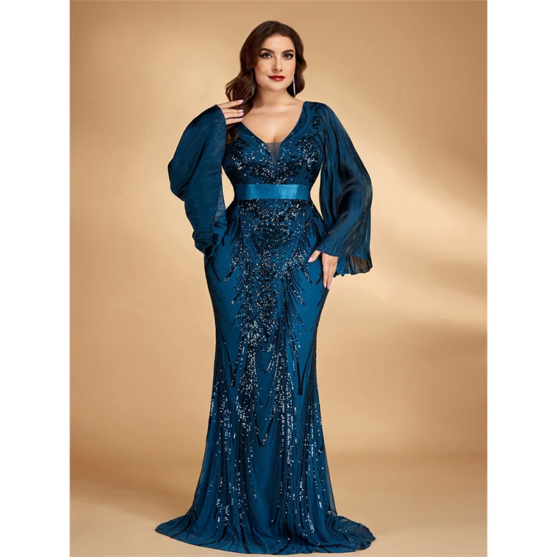 Big Size 4XL Women Vestido De Festa Flare Sleeve V Neck Blue Sequined Evening Party Cocktail Prom Long Dress - view 3