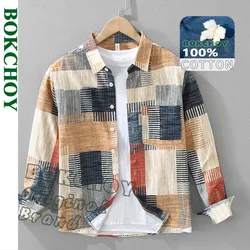 2025 Spring New Pure Cotton Casual Plaid Printed Shirts for Men Clothing Casual Big Pocket Streetwear Men Tops CM7592