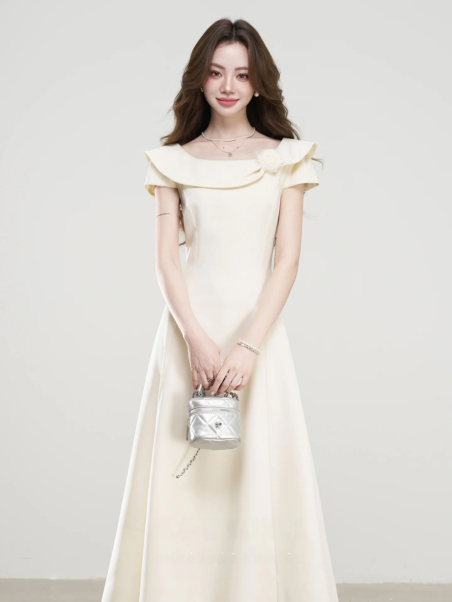 

Elegant Soft Style Apricot Short Sleeve Lace Collar Dress Women's Daily Wear Light Ceremony Dress French Style A-Line Skirt