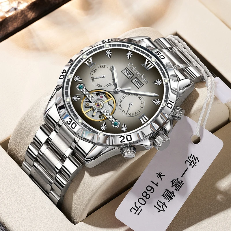 ساعة ميكانيكية فاخرة متعددة الوظائف للرجال من الفولاذ المقاوم للصدأ مقاومة للماء ساعات توربيون أوتوماتيكية للرجال ساعة تقويم كلاسيكية #1