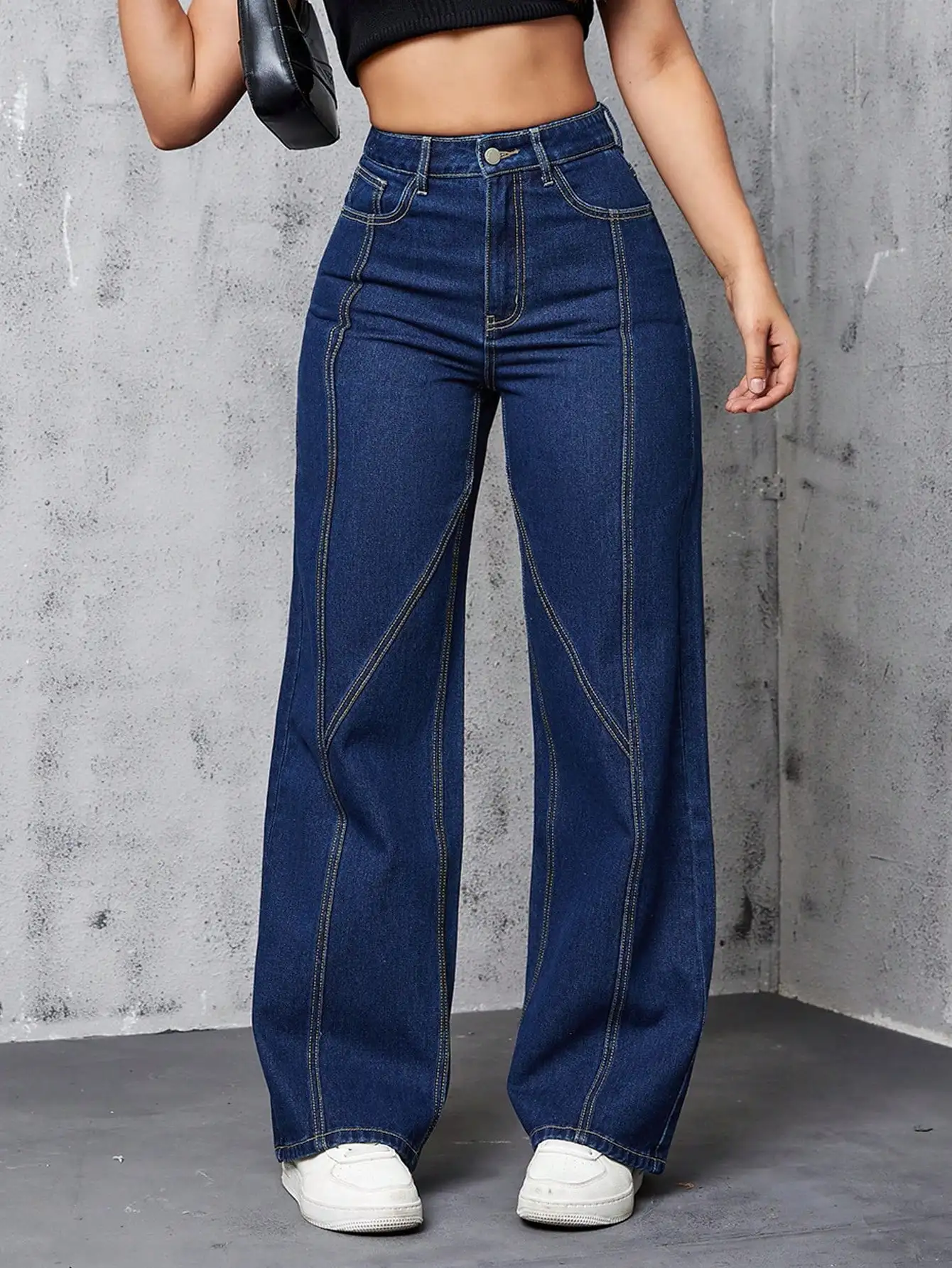 

High Waist Wide Leg Jeans For Women Solid Color Loose Fit Denim Pants