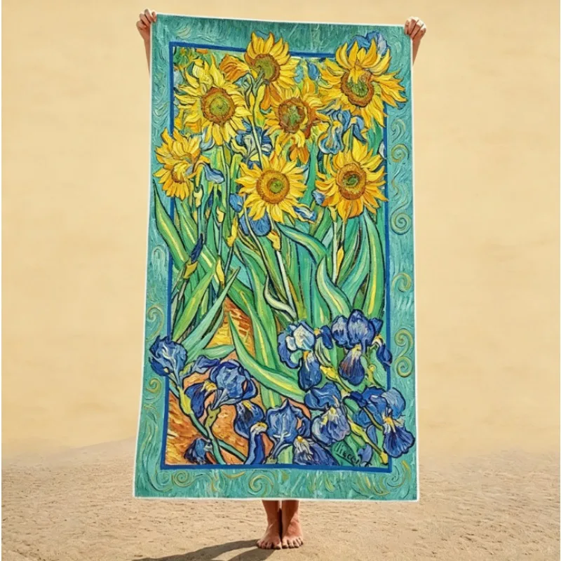 Van Gogh Irises Art Print Beach Towel, Microfiber Sand Free Quick Dry, Impressionist Floral, Soft Absorbent for Summer & Pool