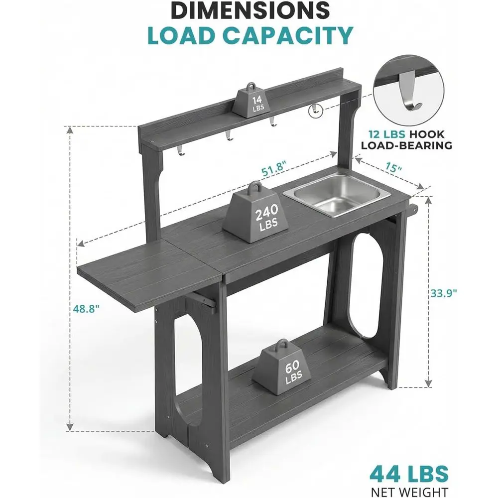 Outdoor Potting Bench Table with Removable Sink, Heavy Duty, Gray | All-weather HIPS, sleek gray inish, old-out 51.8 in worktop,