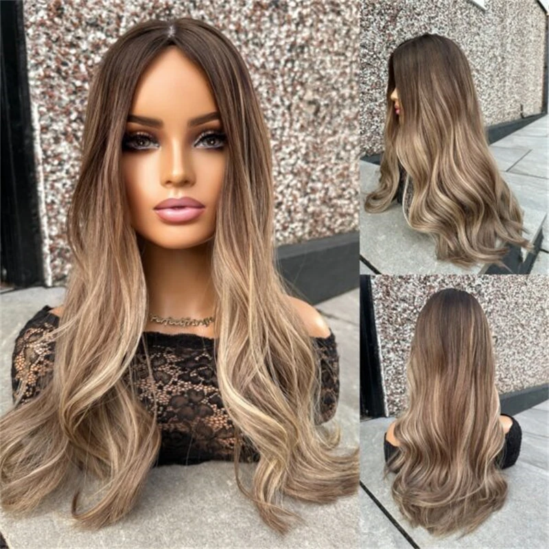 Party Wigs Ombre Brown Blonde Highlights Balayage Luxury Synthetic Lace Front Wig with Dark Roots Glueless Preplucked Hairline