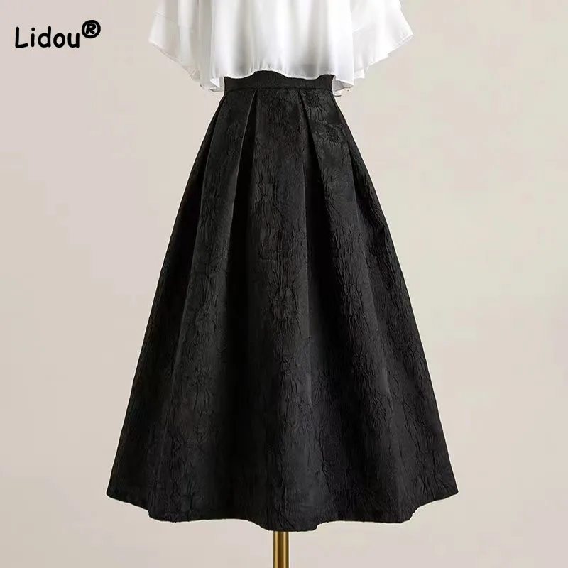 Elegant Simplicity Solid Color Pleated Midi Skirt Women's Clothing Autumn Winter Vintage Temperament High Waist All-match Skirts