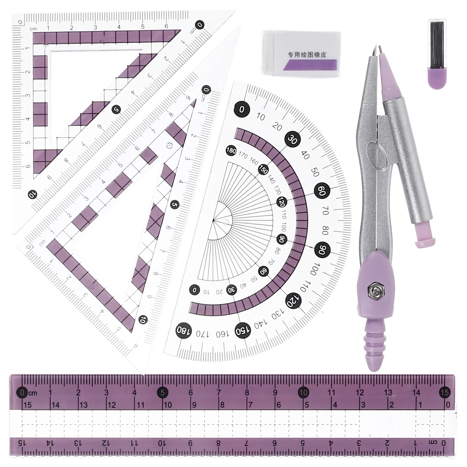 

1 set Ruler Set Compass Protractor Pink Lightweight Clear Numbers Kids Drawing Office School Supplies Metal Tool