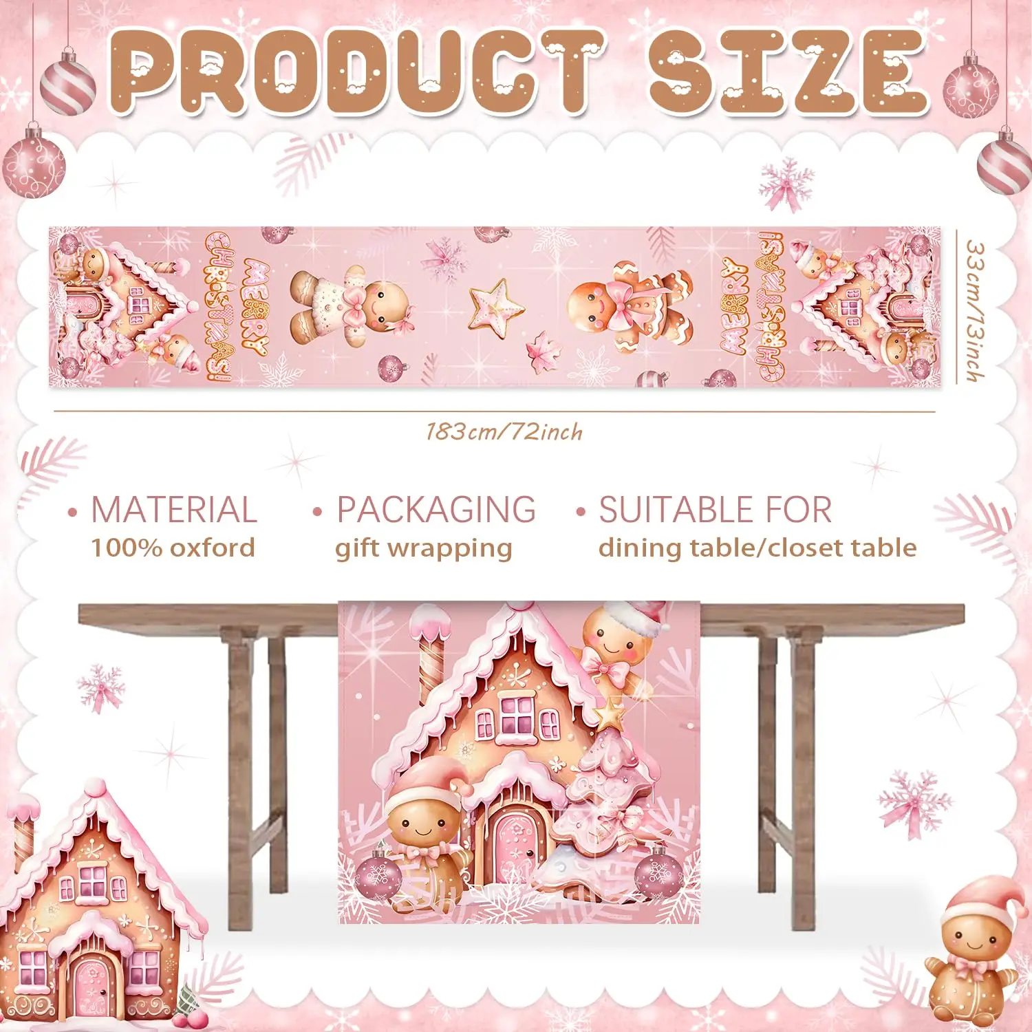 Pink Vintage Christmas Table Runner Winter Gingerbread Candy Cane Merry Xmas Seasonal Kitchen Dinning TableRunner for Home Decor