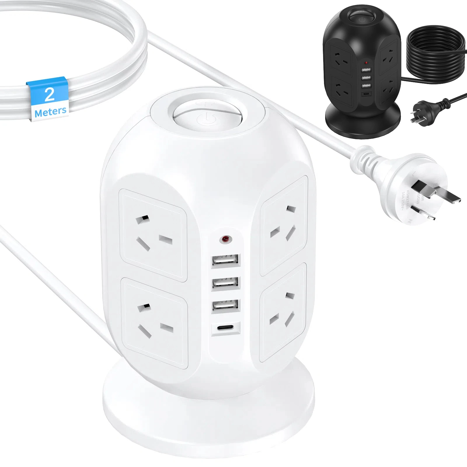 

Башенная розетка 12 в 1, многопортовая быстрая зарядка 8AC+3USB+1Type-C, верхнее двойное управление переключателем, удлинительный кабель длиной 2 метра