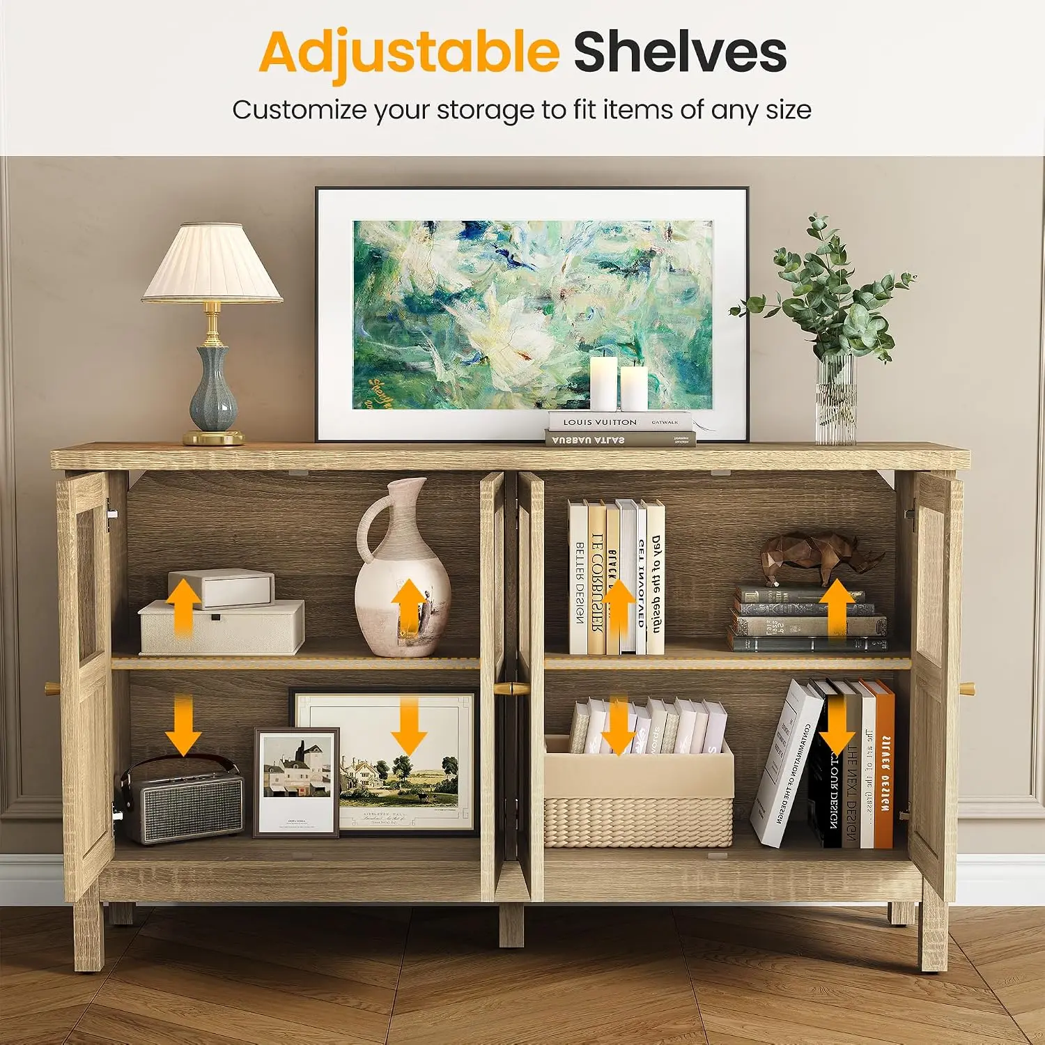 Buffet Cabinet Sideboard with 4 Acrylic Doors & Adjustable Shelves, Wood Coffee Bar Table , Natural, Customized