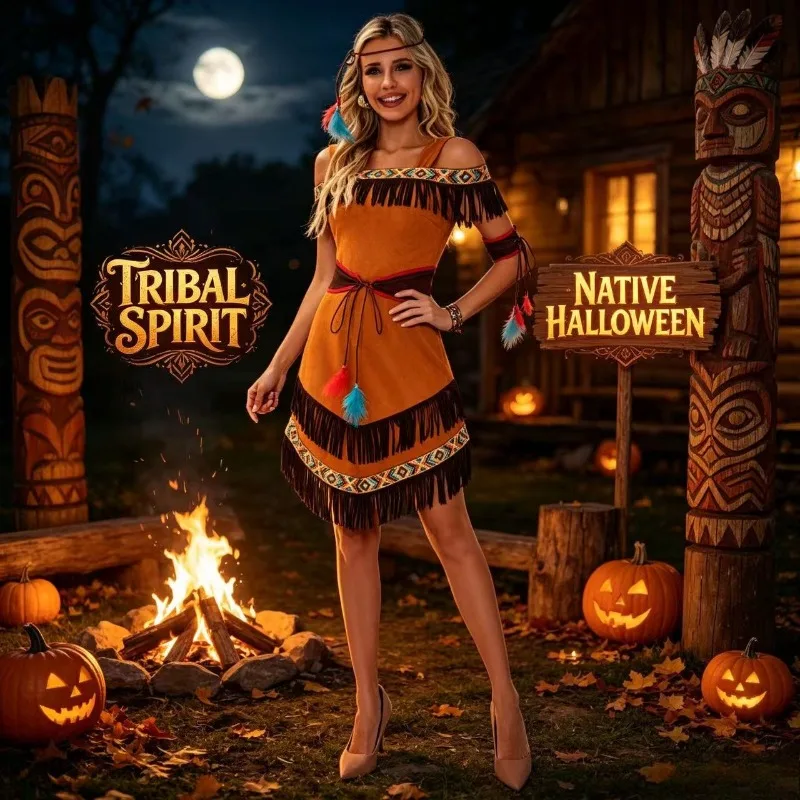 Adult Halloween Cosplay Costume Set, American Indian Tribal Chief Dress, Primitive Native American Role Play Outfit for Party