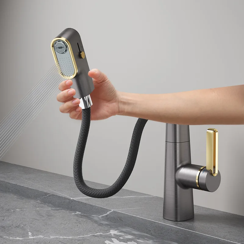 Brass Gray/White Digital Display Pull-out Bathroom Basin Faucet Lift Hot And Cold Mixed Water Faucet With Shower Telescopic