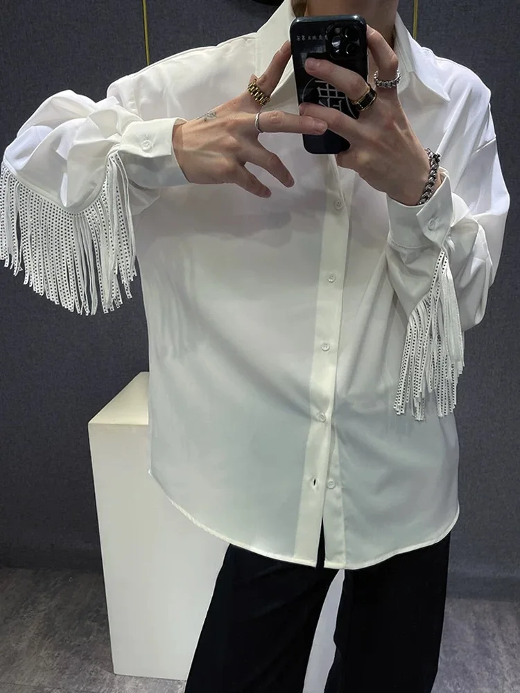 المتخصصة نمط الظهر شرابة الربط موضة أسود أبيض كم طويل قميص الرجال 2025 الصيف الشارع قمصان أنيقة غير رسمية