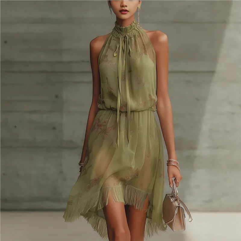 

Elegant Floral Print Mini Dress Off Shoulder Sleeveless Halter Round Neck Lace-up Tighten the Waist Tassel Party Dresses Casual