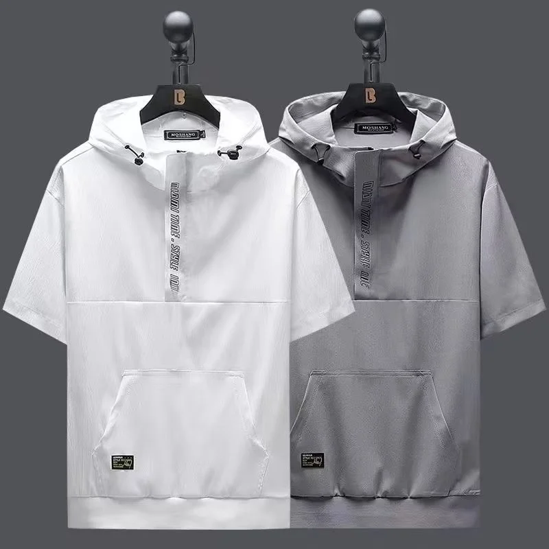 New Fashion Streetwear Hooded T-Shirts For Men Hip Hop Techwear Y2K Tee Tops Summer Letter Short Sleeve Sports Tshirt Clothes