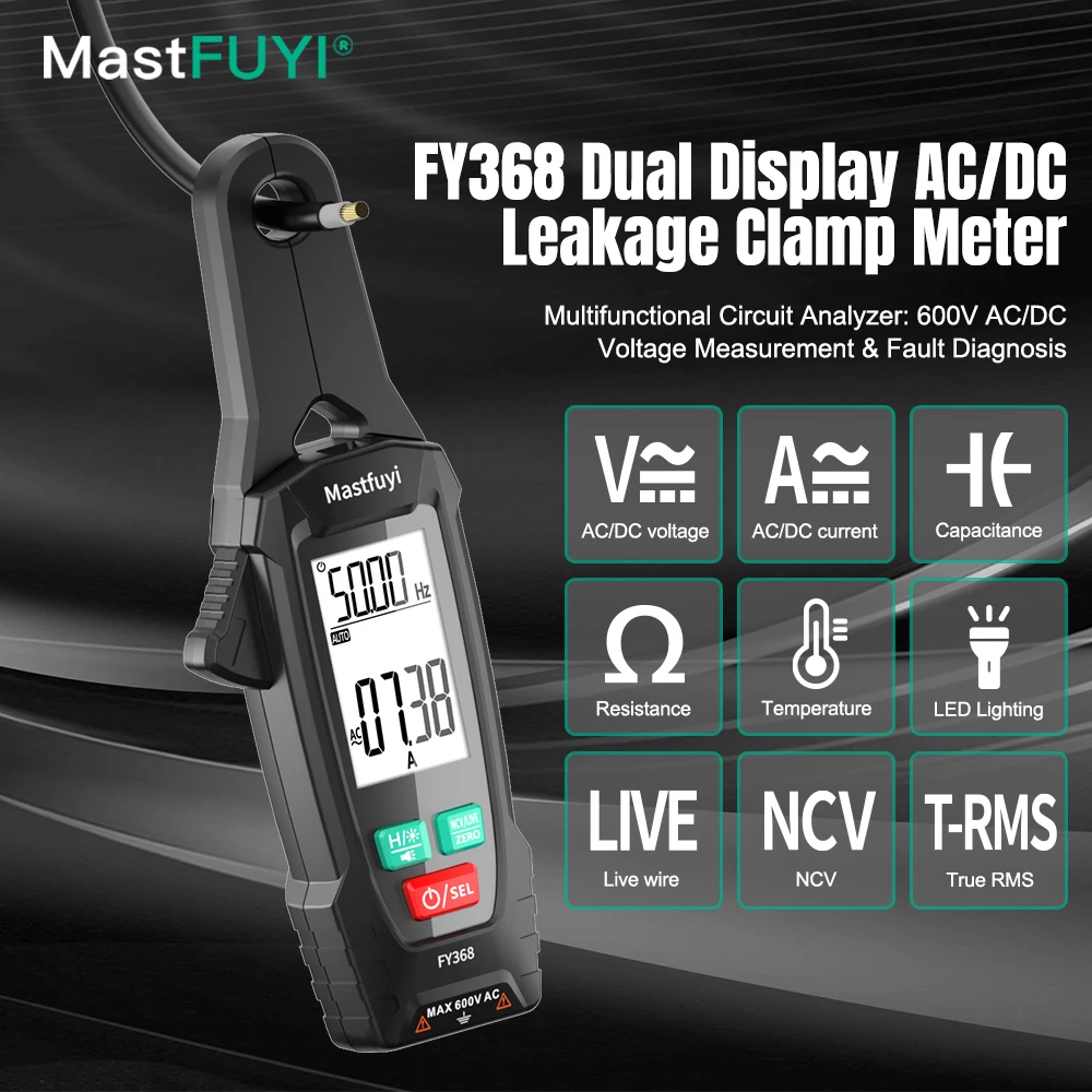 

MASTFUYI Digital Clamp Meter 6000 Counts AC/DC Large Display 600V Leakage Multimeter for Voltage Test Automotive Frequency NCV