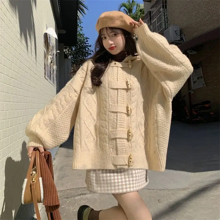 Fried Dough Twists Sweater Coat Women's Autumn Winter 2024 Lazy Style Sweater Loose Horn Button Hooded Thicken Knitting Cardigan