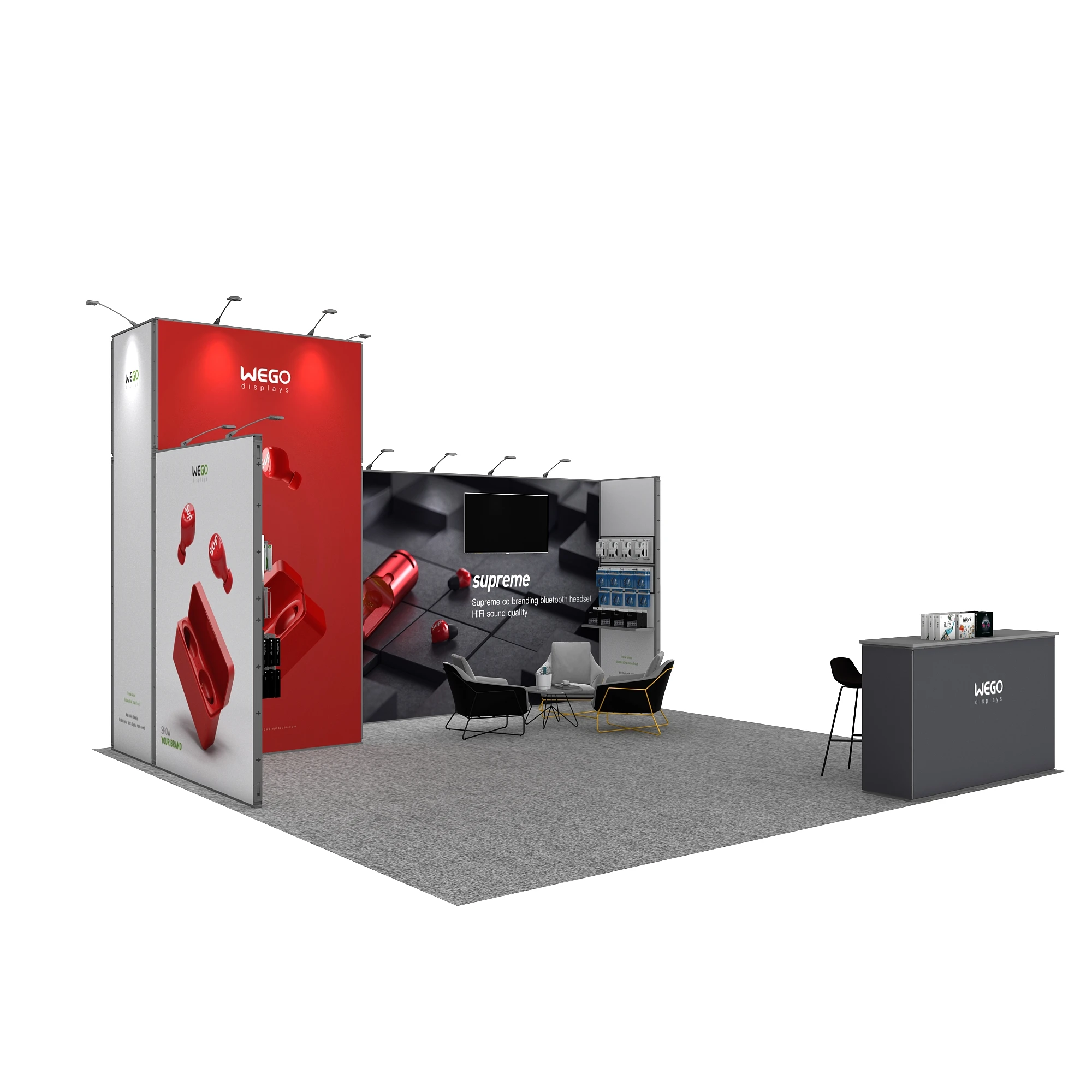 Cabina espositiva modulare da 20x20 piedi 6x6 Grande cabina per esposizione commerciale Supporto per cabina facile da montare con spazio di archiviazione