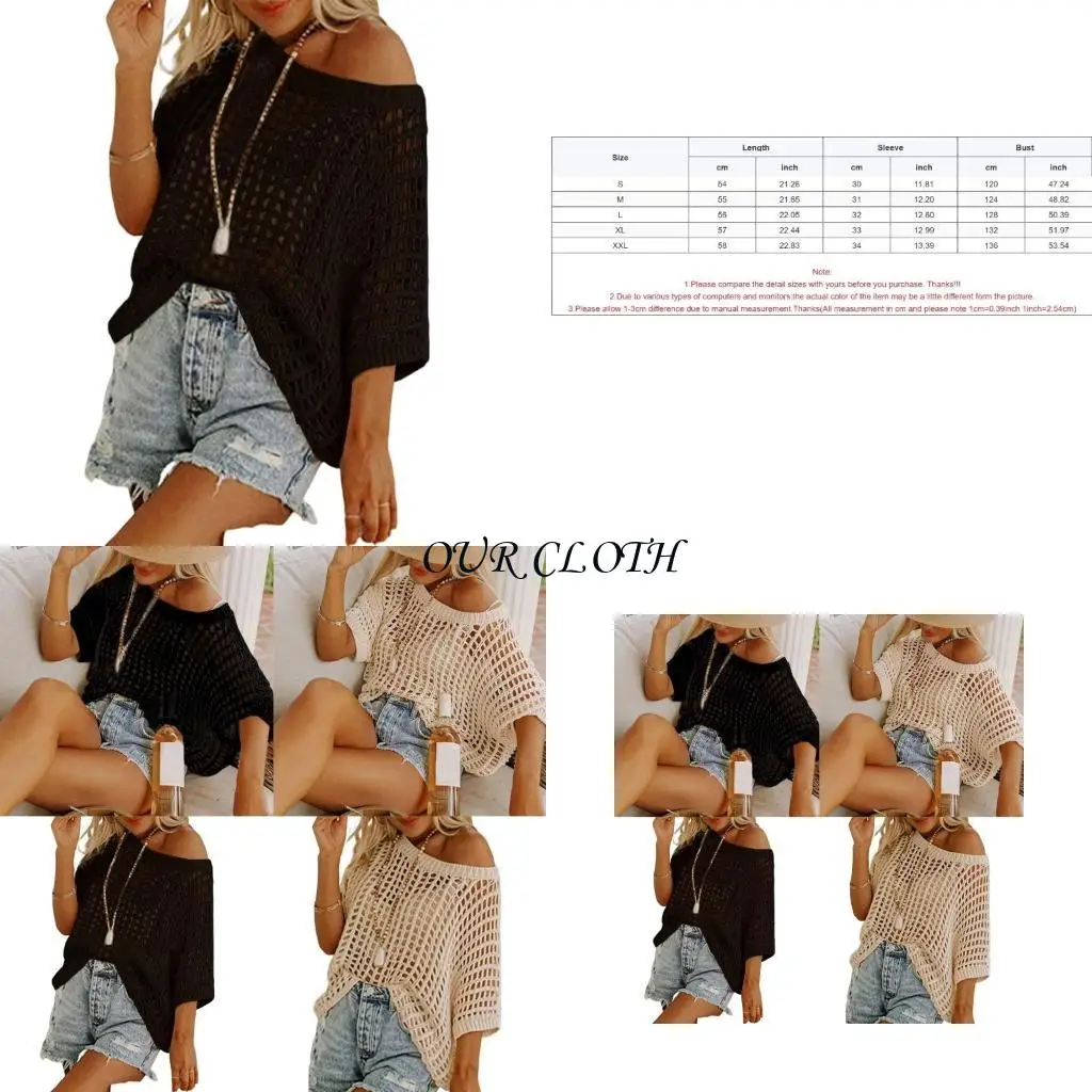 

Hollowed Crochet Knit Swim Top Short Sleeve Beach Shirt Swimwears Coverup Tshirt Y1AC