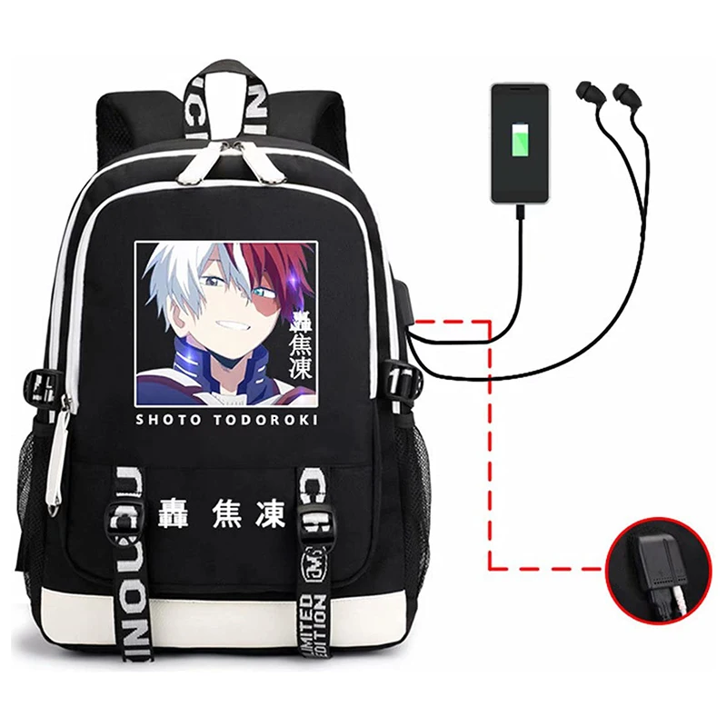 My Hero Academia Backpack with USB Charging Port Anime MHA Todoroki Shoto Cosplay Bookbag Laptop Bag School Mochila