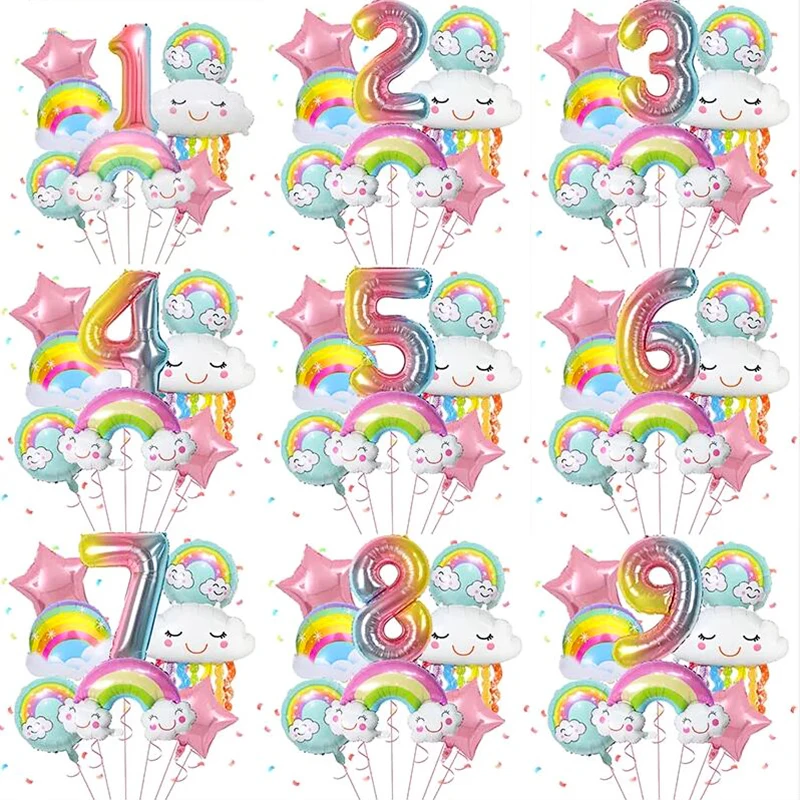 8pcs Rainbow Smile Cloud Balloon 32 inch Gradient Number Foil Balloons 1-9 Year Old Kids Birthday Party Decors Baby Anniversary