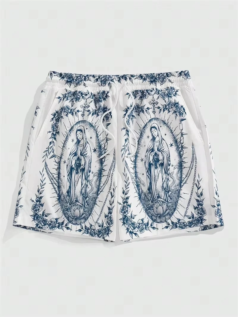 2026 New Our Lady of Guadalupe Floral Border 3D Print Y2K Oversized Casual Shorts Men Streetwear Bea
