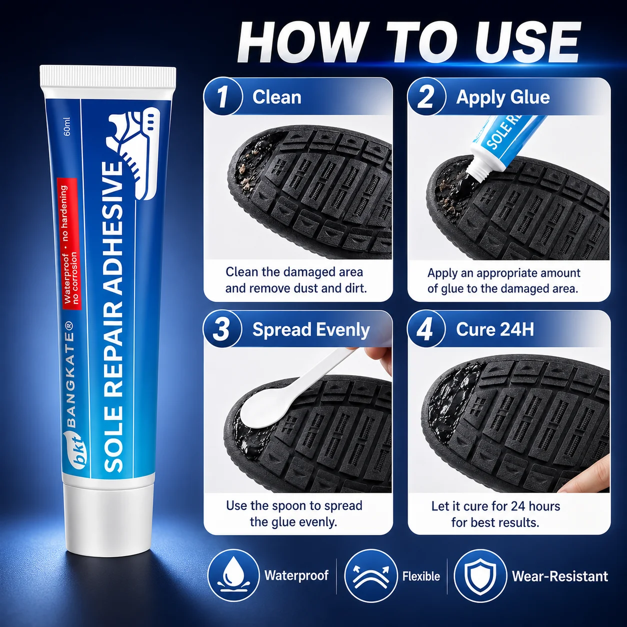 Sole Repair Adhesive 60mL, Waterproof Flexible Shoe Glue for Rubber, Leather, PU and TPR Soles, with Applicator and Sanding Disc view 5