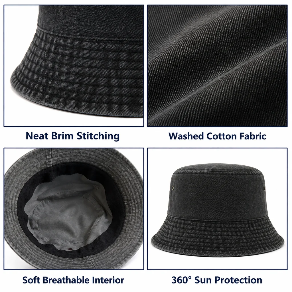 Customizable logo fisherman hat for families, teams, pets, with vintage patterns and embroidered letters, sun-shading bucket hat available for wholesale