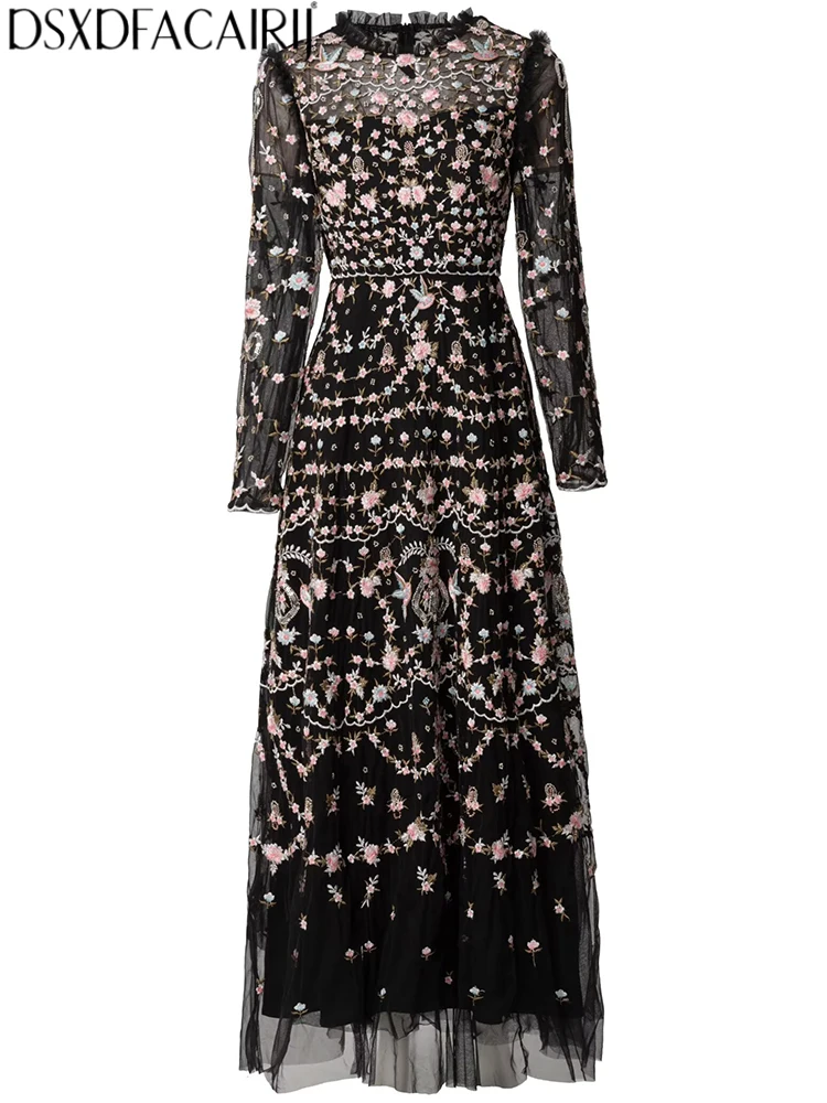 

Женские винтажные макси-платья DSXDFACAIRIJ с круглым вырезом, длинными рукавами, вышивкой, бисером и пайетками, весенне-осенние, из сетчатой ткани