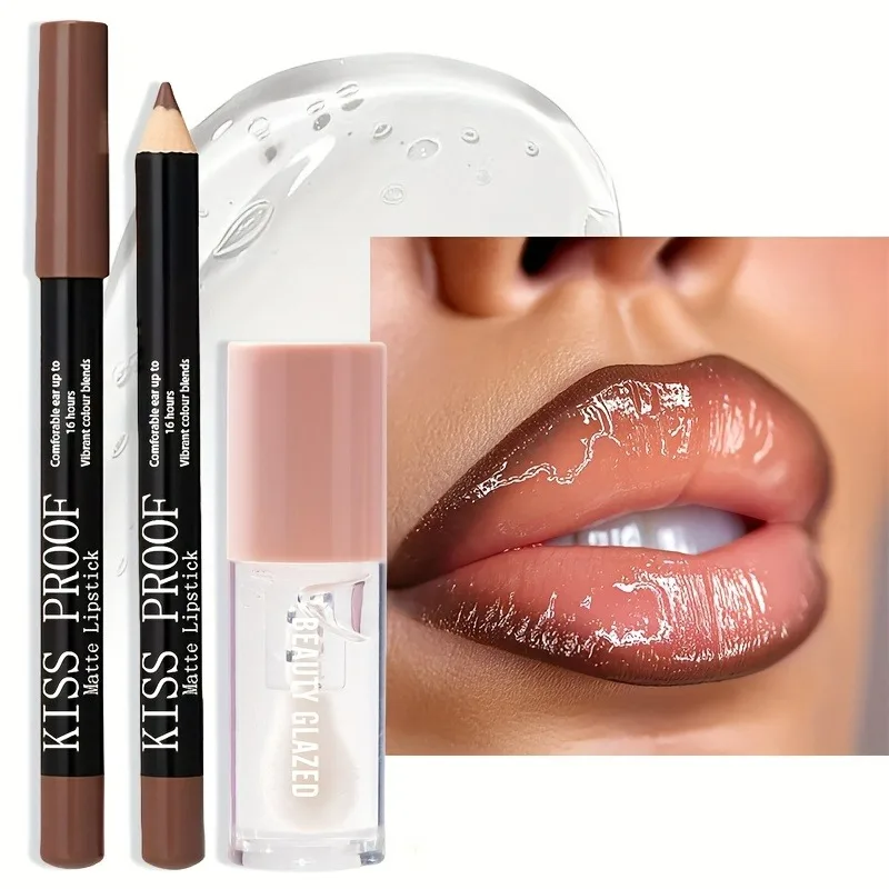 Waterproof Lip Liner&Moisturizing Lip Glaze Set-Long-Lasting Matte Lip Makeup Combo,Nude Brown/Pink/Deep Red Shades,All-Day Wear