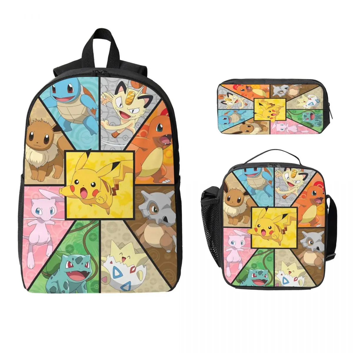 3 pçs pokemoned merch mochila conjunto para crianças caixas de lápis conjuntos de mochila com lancheira para estudantes da escola daypack