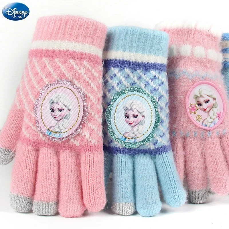 قفازات ديزني الأصابع الجليدية والثلج الأميرة عائشة فتاة محبوكة الكرتون الشتاء الدافئة خمسة أصابع طفل قفازات شاشة اللمس