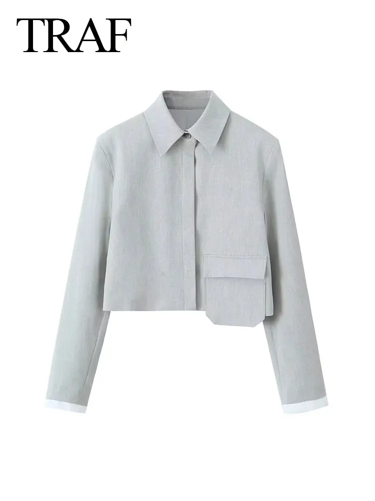 TRAF 2024 Spring Women's Chic Pocket Short Jacket New Lapel Long Sleeve Hidden Button Elegant Chic Outerwear Female Coat Trendy