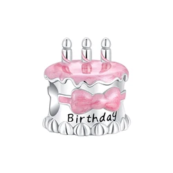 925 Sterling Silver Birthday cake pink bow Beads Charms Bracelets Women DIY Jewelry Gift