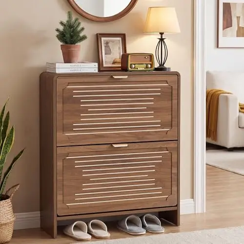Narrow Shoe Cabinet, 27.6'' Shoe Rack for Entryway with 2 Flip Drawers, Mid-Century Modern Slim Shoe Storage Cabinet