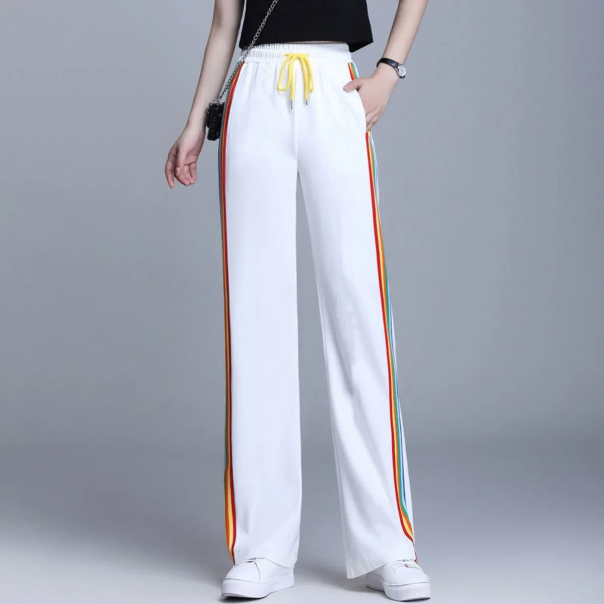 White Casual Sport Running Women's Pants Striped Korean Version Straight Leg Fitness Square Dance Loose Wide Leg Draping Squa...