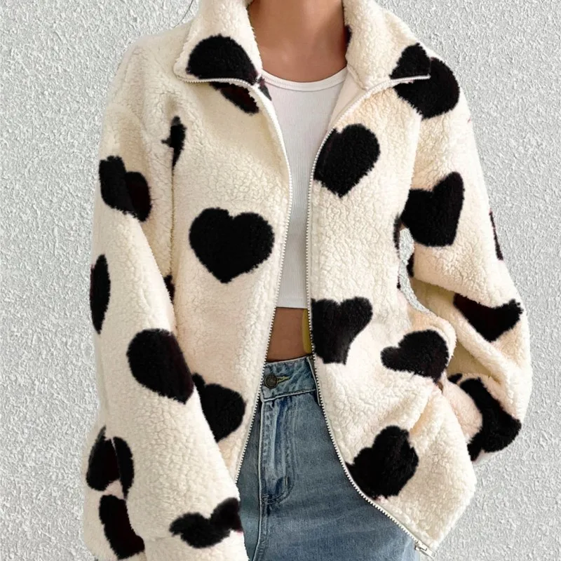 Nowa Jesienno-Zimowa Luźna Pluszowa Rozpinana Kurtka Rozpinana z Nadrukiem w Kształcie Serca, Długi Rękaw, Wysoki Kołnierz, Ciepła Odzież Wierzchnia w Stylu Streetwear