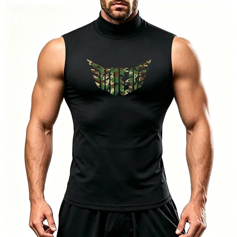 Men's Sleeveless Compression Running T-Shirts Quick Dry Moisture Wicking High Neck Athletic Shirt For Gym Training Workout
