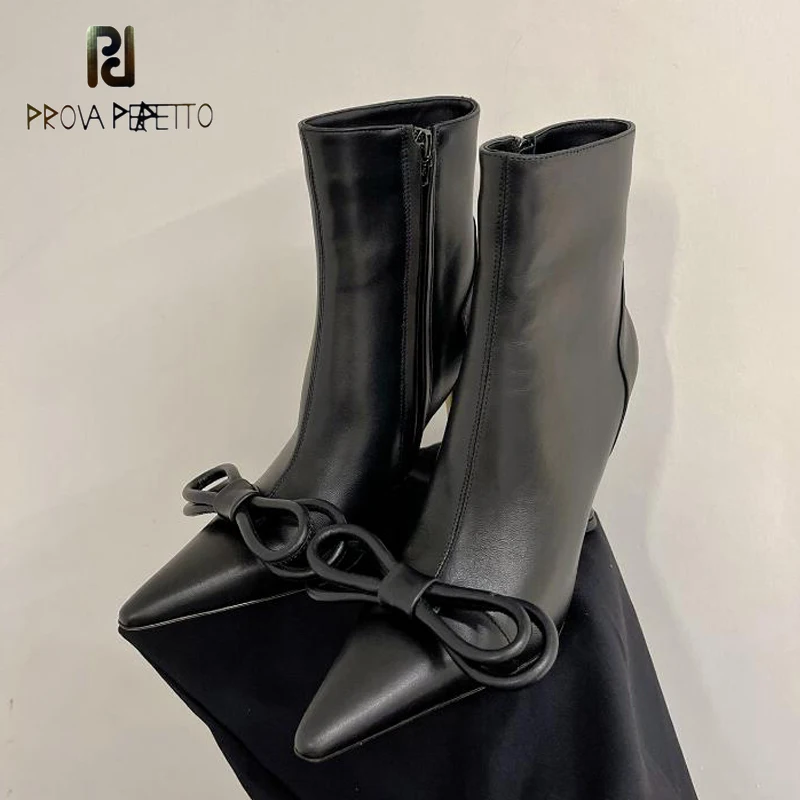 

Elegant Ladies Thin Heel Pointed Toe Ankle Short Boots Sexy Bowtie Decor Side Zip Party All Match Dress Shoe Genuine Leather